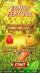 Prosperity Fortune Tree · Simbol J yang menyala membentuk kemenangan dengan kotak informasi WIN di atas panel bawah.